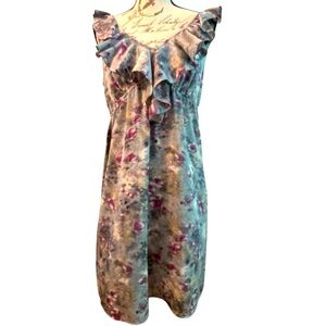 ANN TAYLOR LOFT dress, muted floral colors,high waist, large ruffle, sz 8